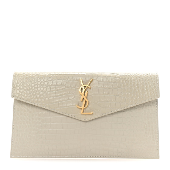 Saint Laurent Calfskin Crocodile Embossed Uptown Monogram Clutch Crema Soft