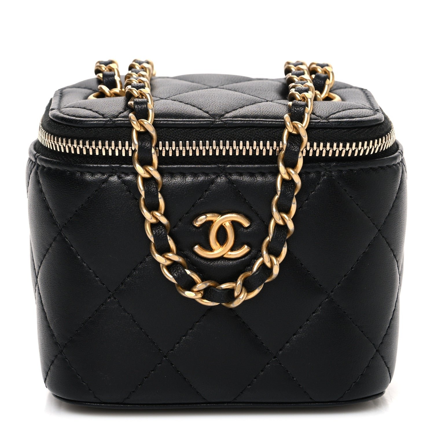 Chanel Lambskin Quilted Mini Pearl Crush Vanity Case With Chain Black
