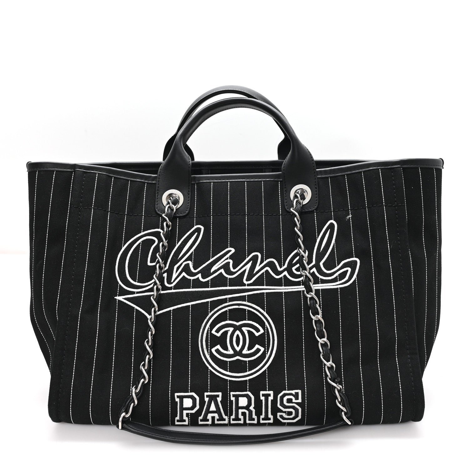 Chanel Canvas Calfskin Striped Medium Deauville Tote Black White