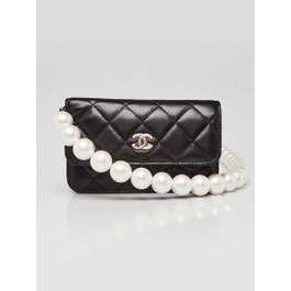 Chanel Black Quilted Lambskin Leather Maxi Pearls Clutch With Chain Bag