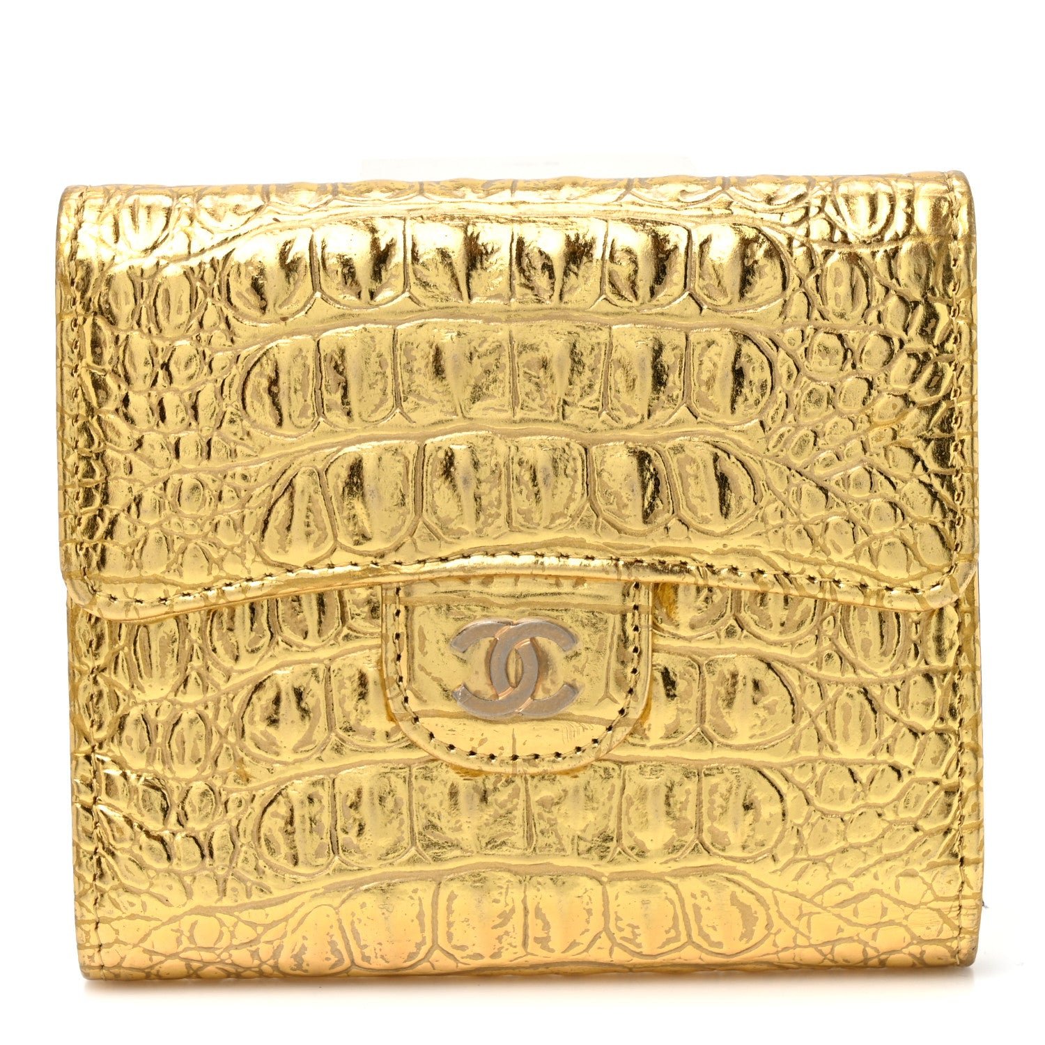 Chanel Metallic Calfskin Crocodile Embossed Cocodile Compact Flap Wallet  Gold
