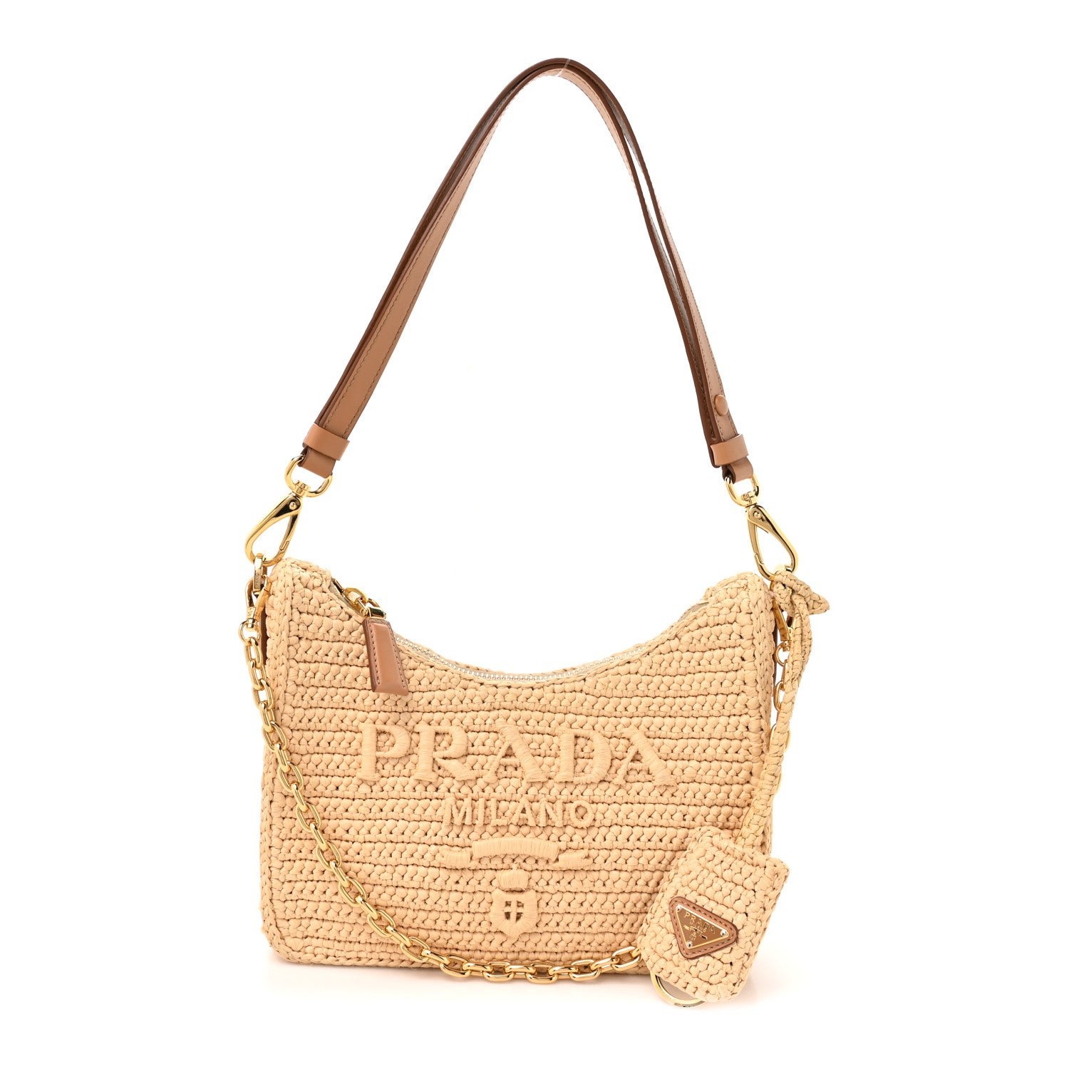 Prada Yarn Raffia Effect Crochet Mini Re-Edition 2000 Shoulder Bag Naturale