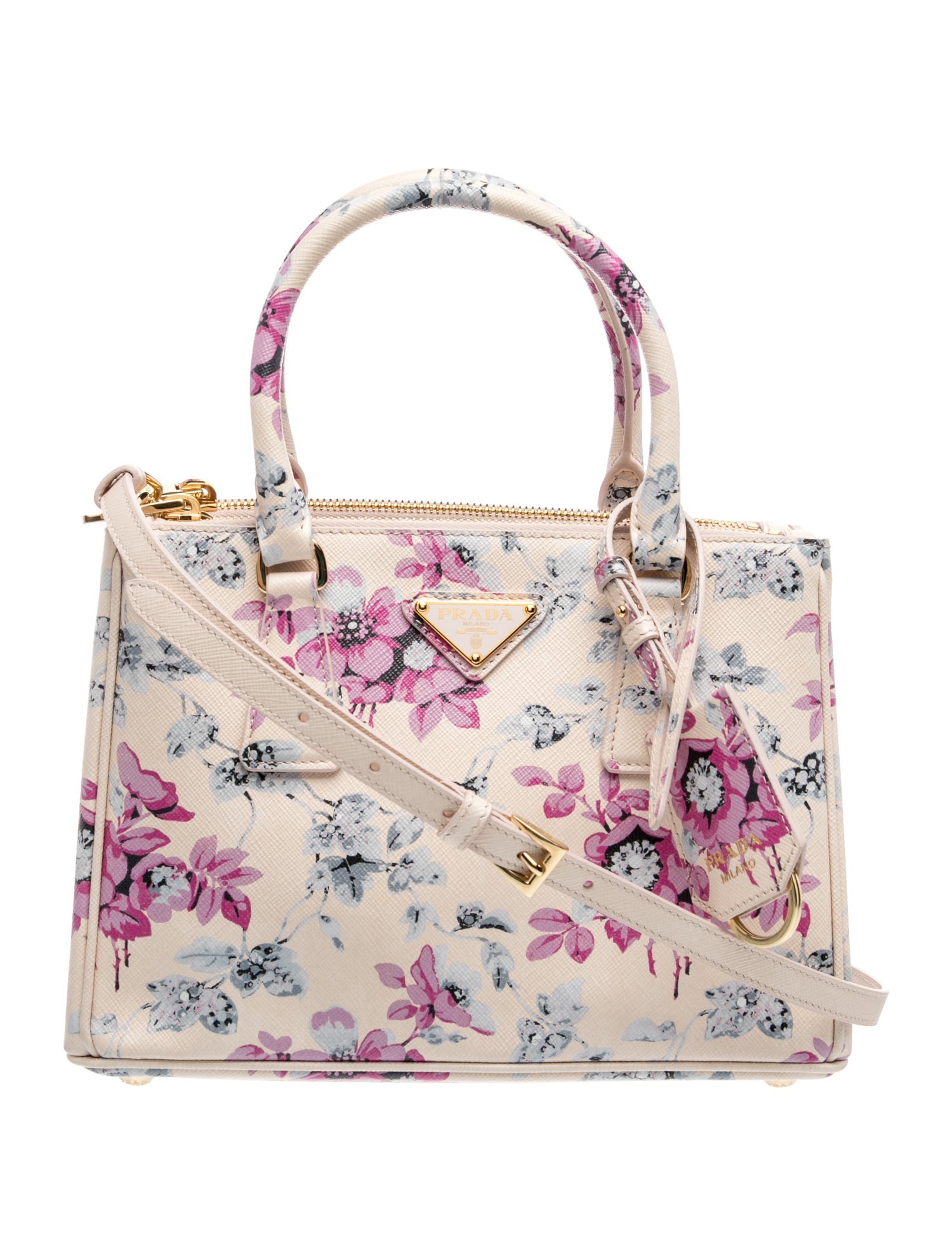Enameled Metal Triangle Galleria Printed Saffiano Leather Handle Bag