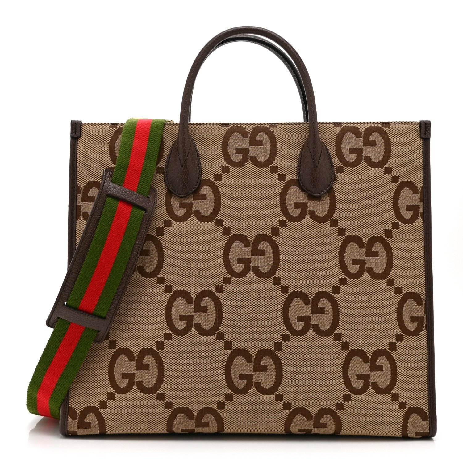 Gucci Monogram Jumbo GG Textured Dollar Calfskin Web Tote Bag Camel Ebony New Acero
