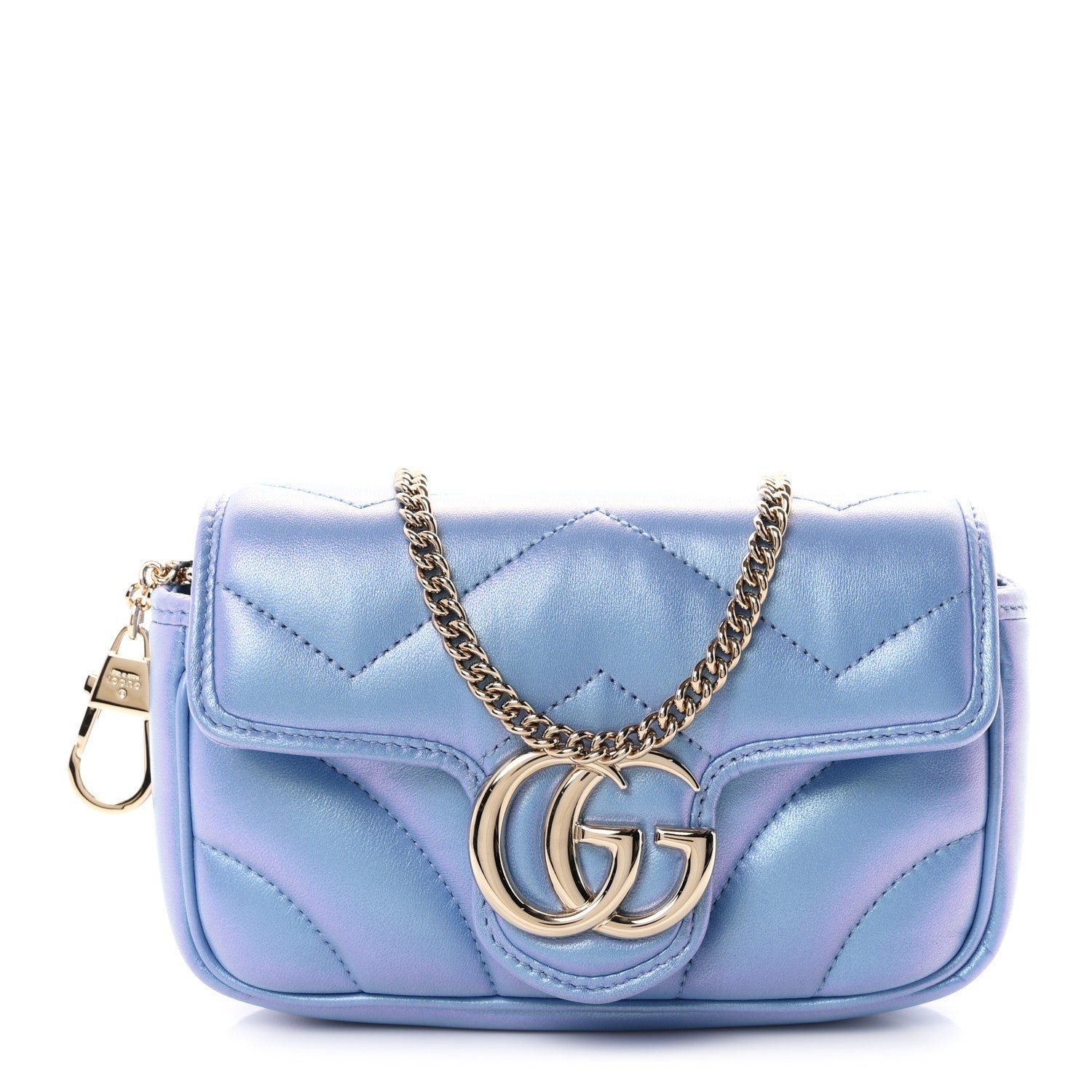 Gucci Iridescent Nappa Chevron Matelasse Super Mini GG Marmont Shoulder Bag Mindful Azure