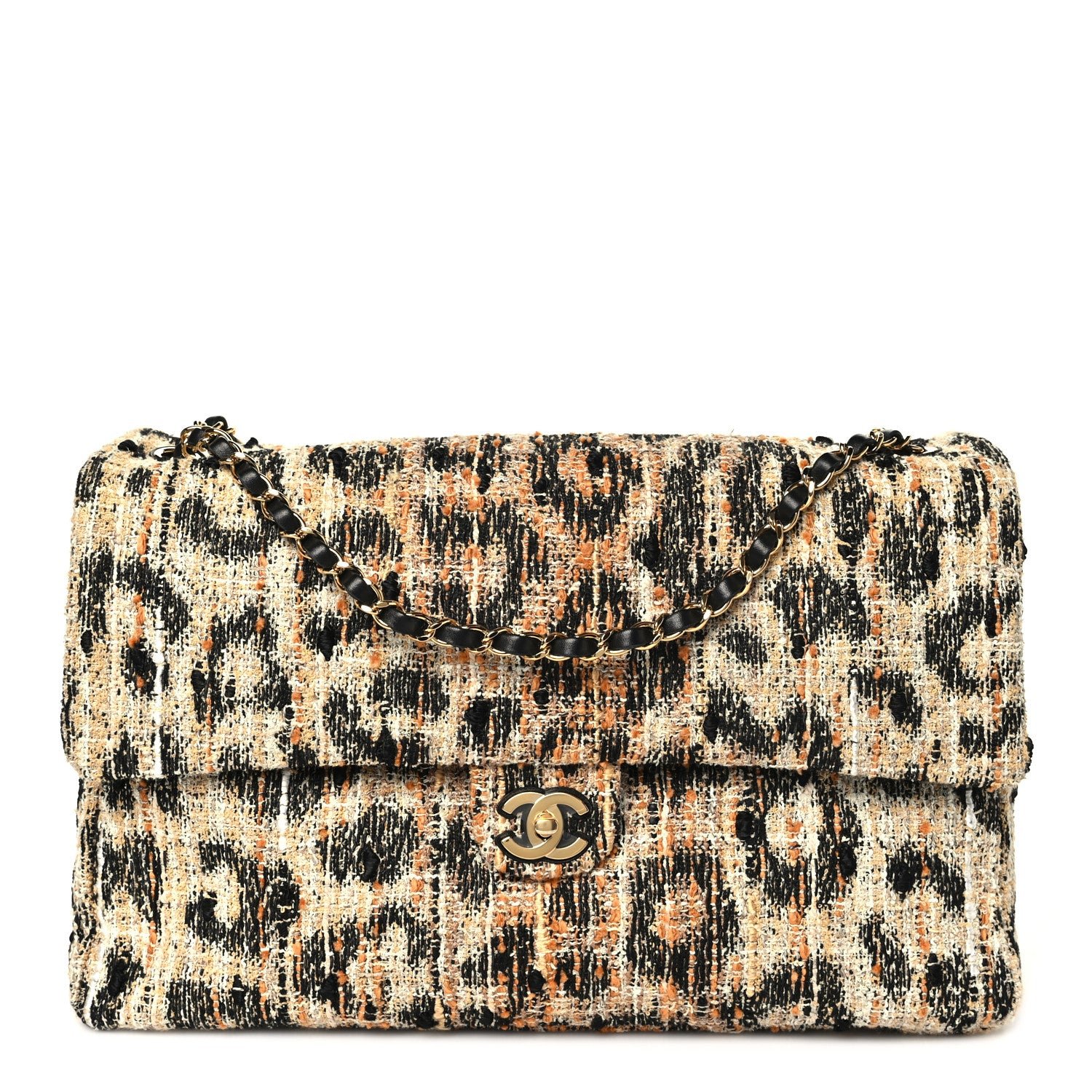Chanel Tweed Mixed Fibers Leopard Print Souplissimo Maxi Flap Brown Black White