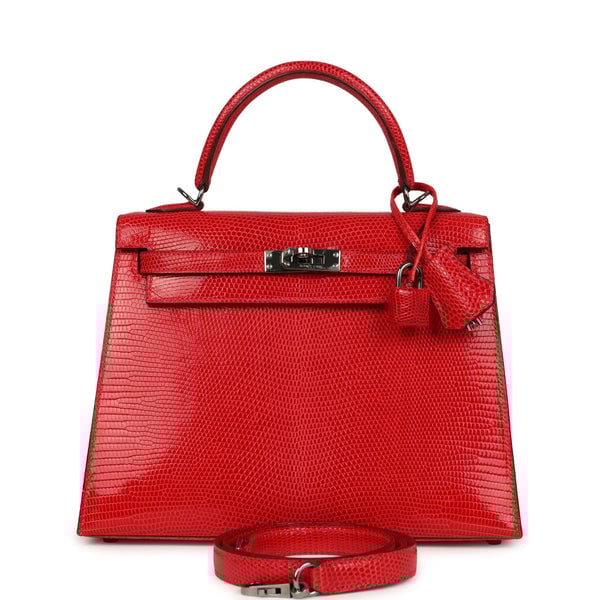 Hermes Vintage Hermes Kelly Sellier 25 Rouge Moyen Varanus Niloticus Lizard Ruthenium Hardware