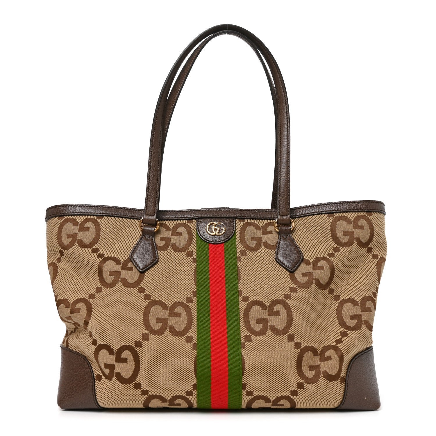 Gucci Monogram Jumbo GG Textured Dollar Calfskin Web Medium Ophidia Shopping Tote Camel Ebony