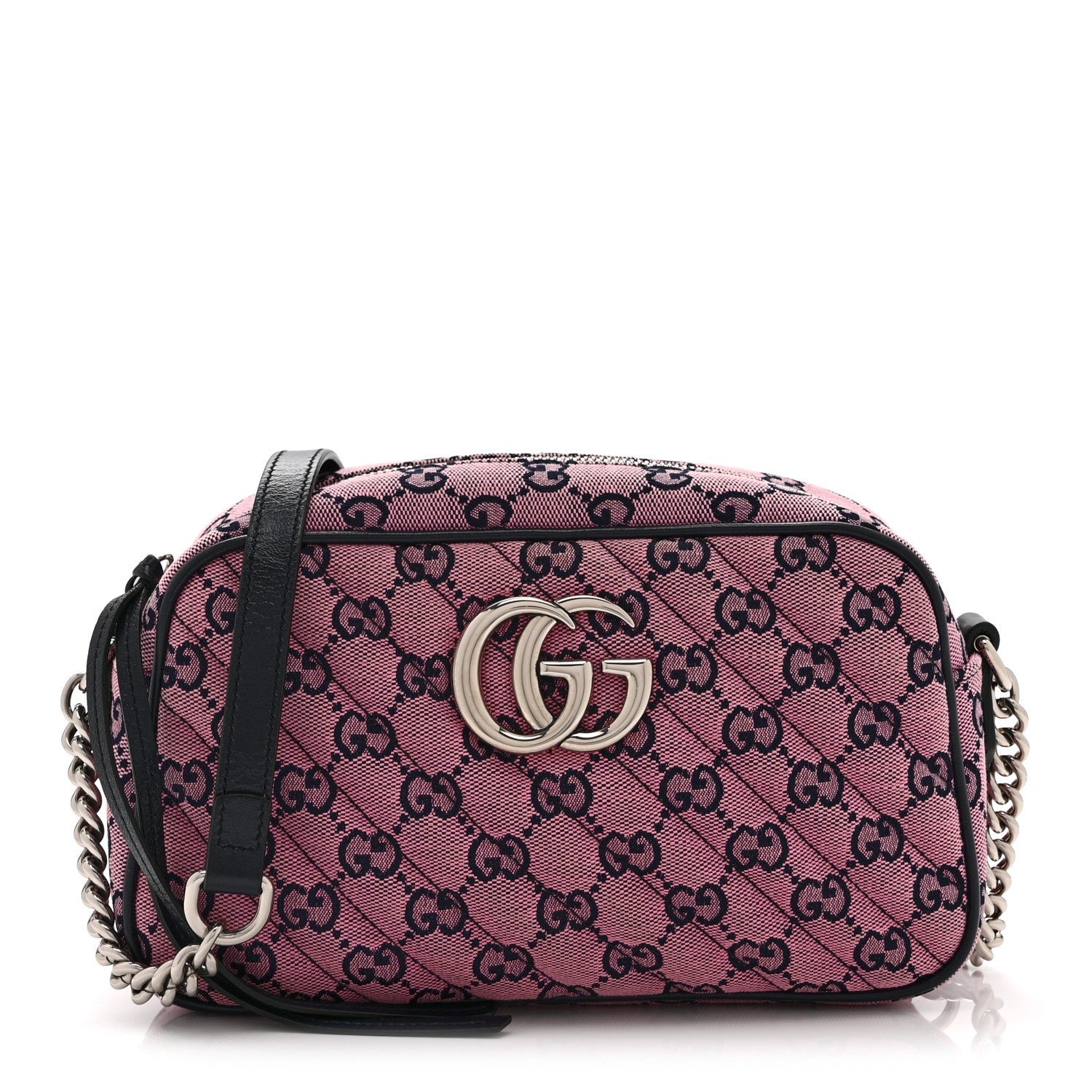 Gucci Monogram Multicolor Matelasse Diagonal Small GG Marmont Chain Shoulder Bag Pink Blue
