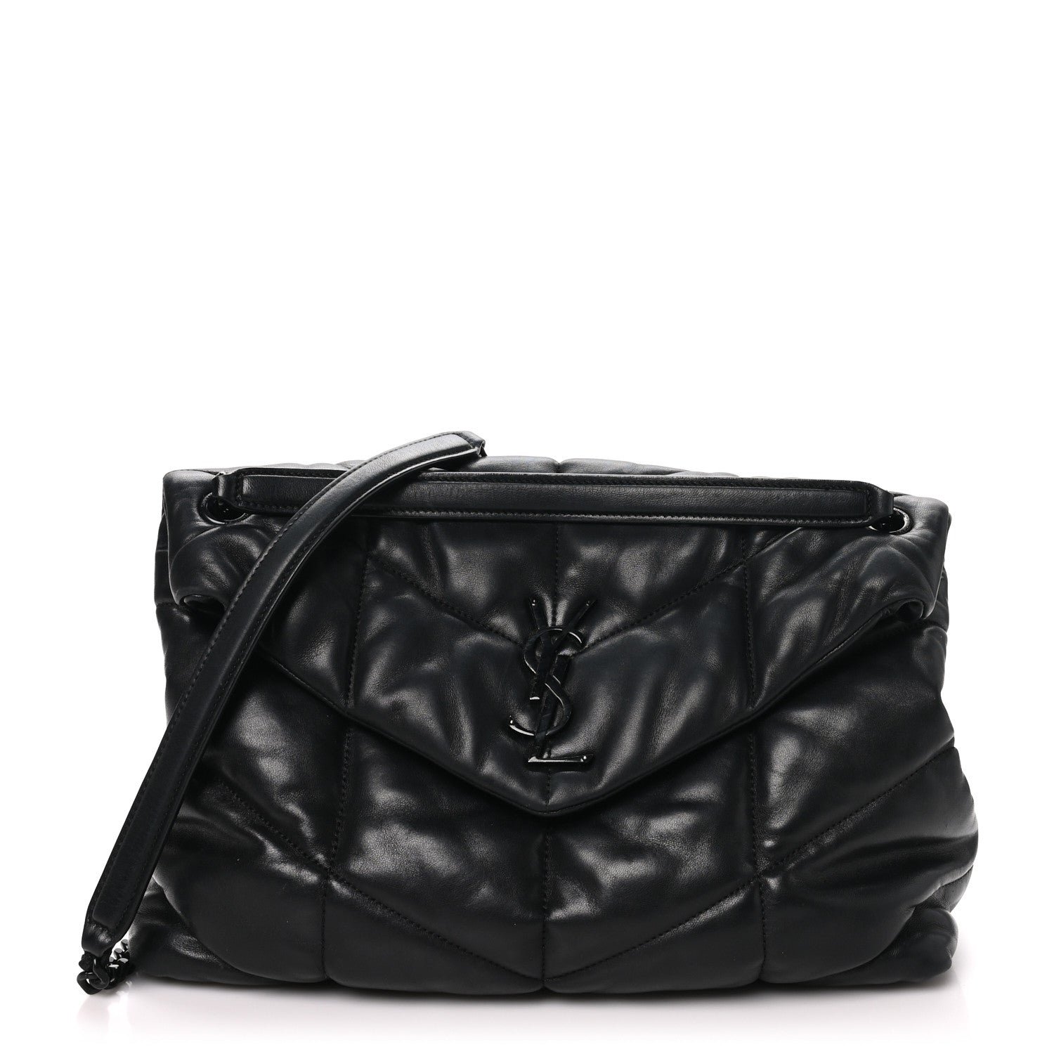 Saint Laurent Lambskin Quilted Monogram Monochrome Medium Loulou Puffer Chain Satchel Black