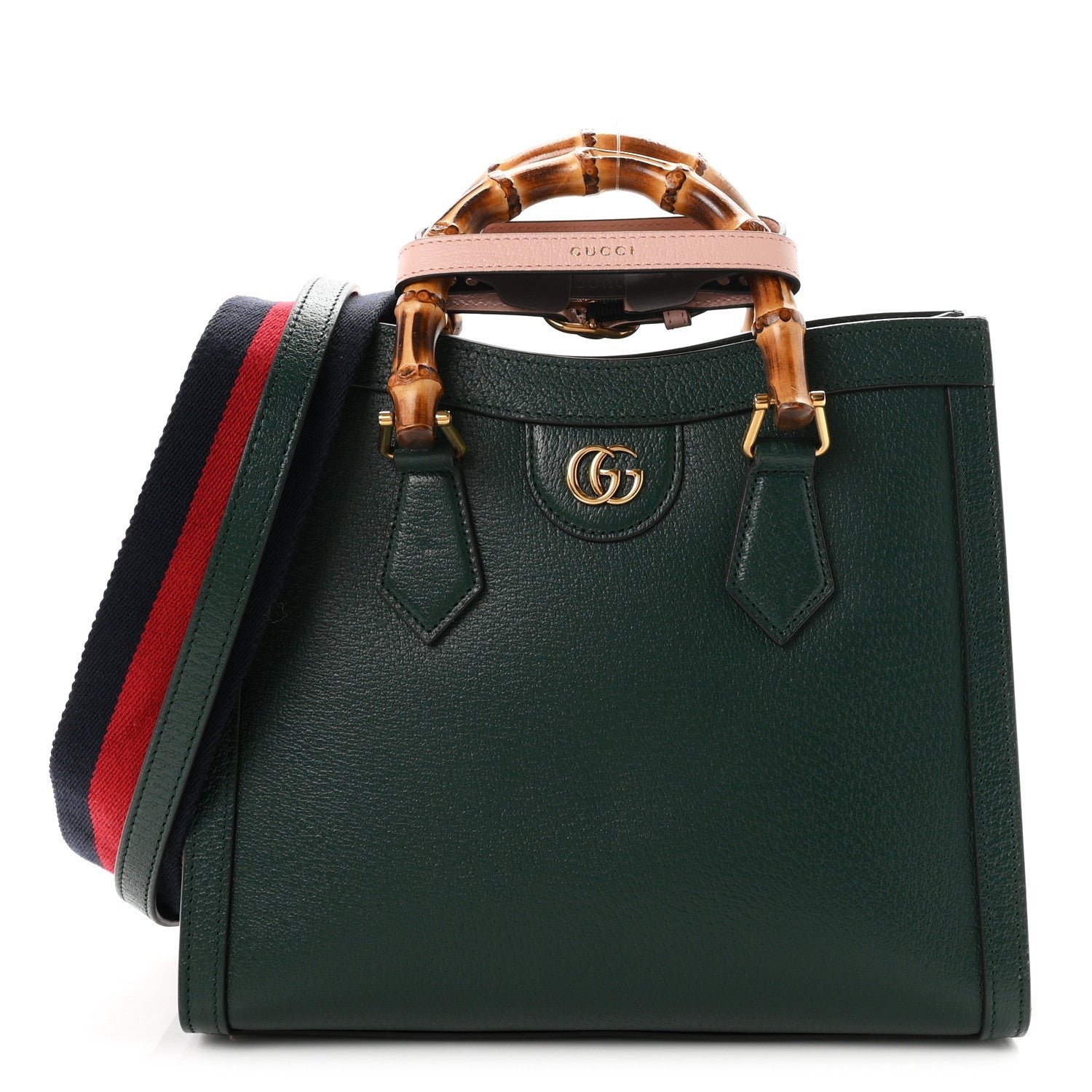 Gucci Textured Dollar Calfskin Web Small Diana Tote Bag Vintage Green Powder Pink