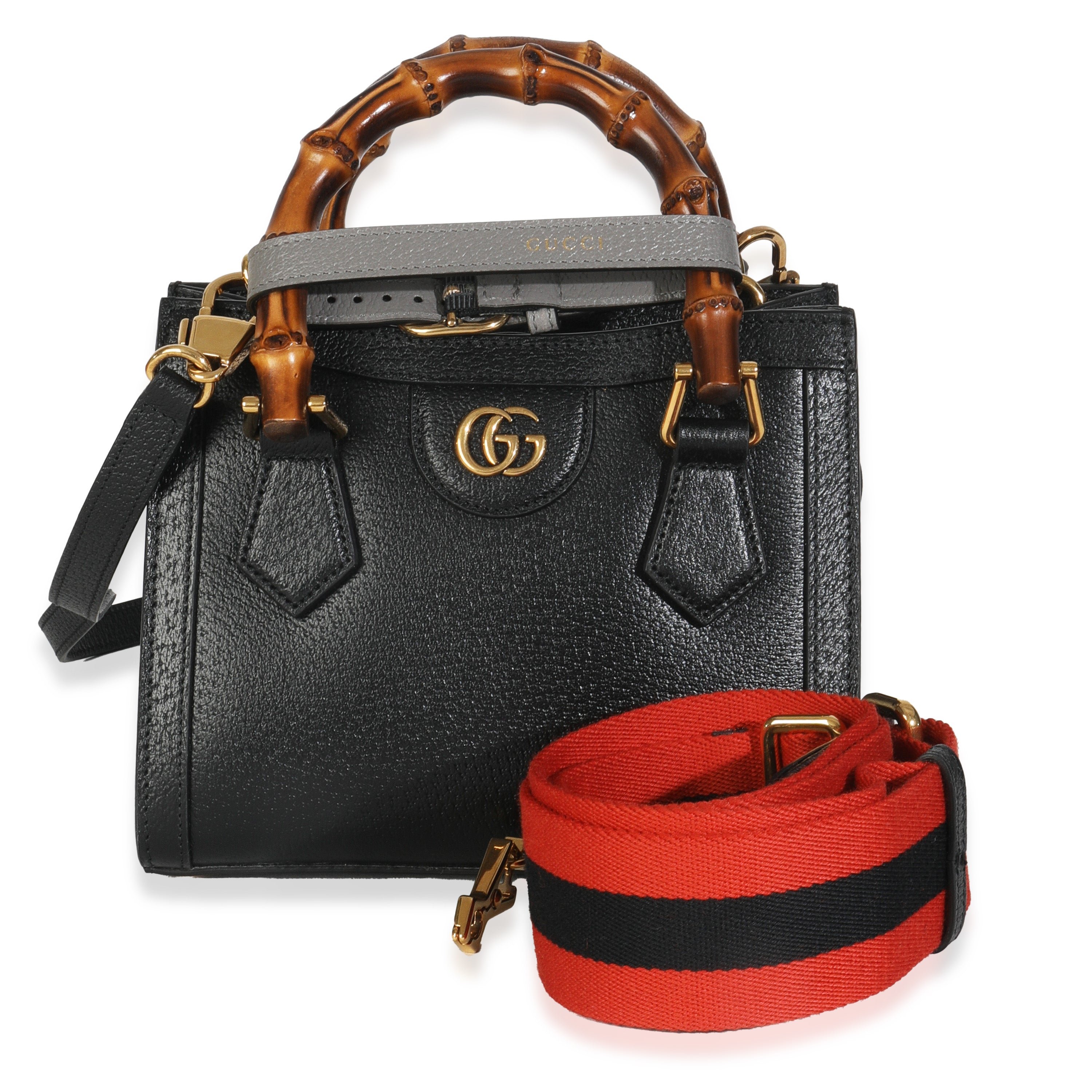 Gucci Black Textured Dollar Calfskin Web Mini Diana Tote Bag