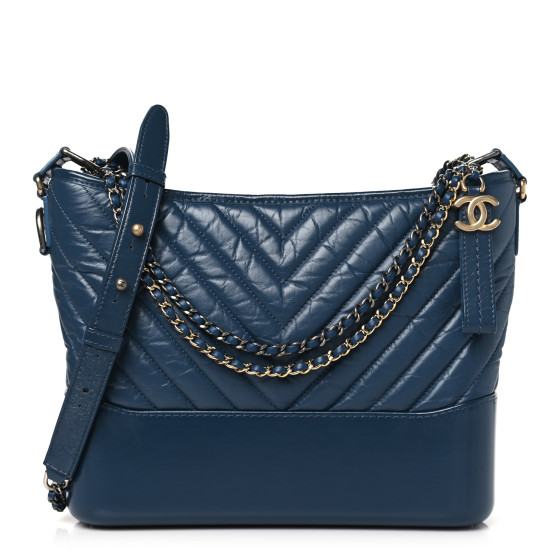 Chanel Aged Calfskin Chevron Quilted Medium Gabrielle Hobo Blue