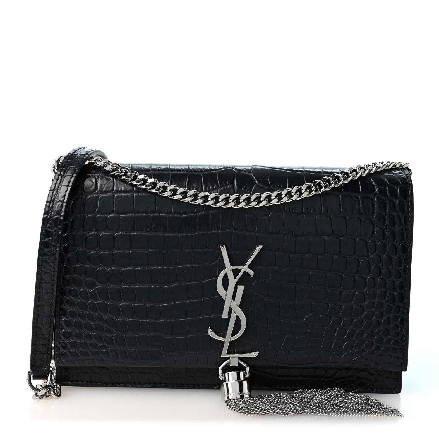 Saint Laurent Calfskin Crocodile Embossed Kate Monogram Tassel Chain Wallet Deep Marine