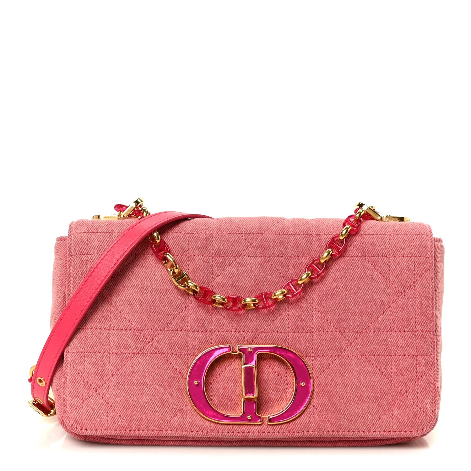 Christian Dior Denim Macrocannage Medium Caro Bag Fuchsia Multicolor