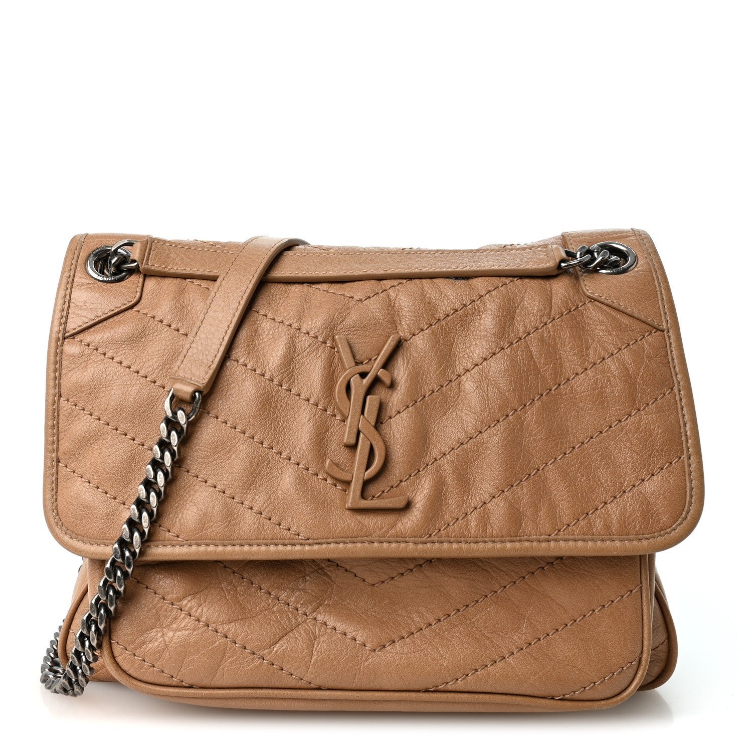 Saint Laurent Crinkled Calfskin Matelasse Monogram Medium Niki Chain Satchel Dark Toffee