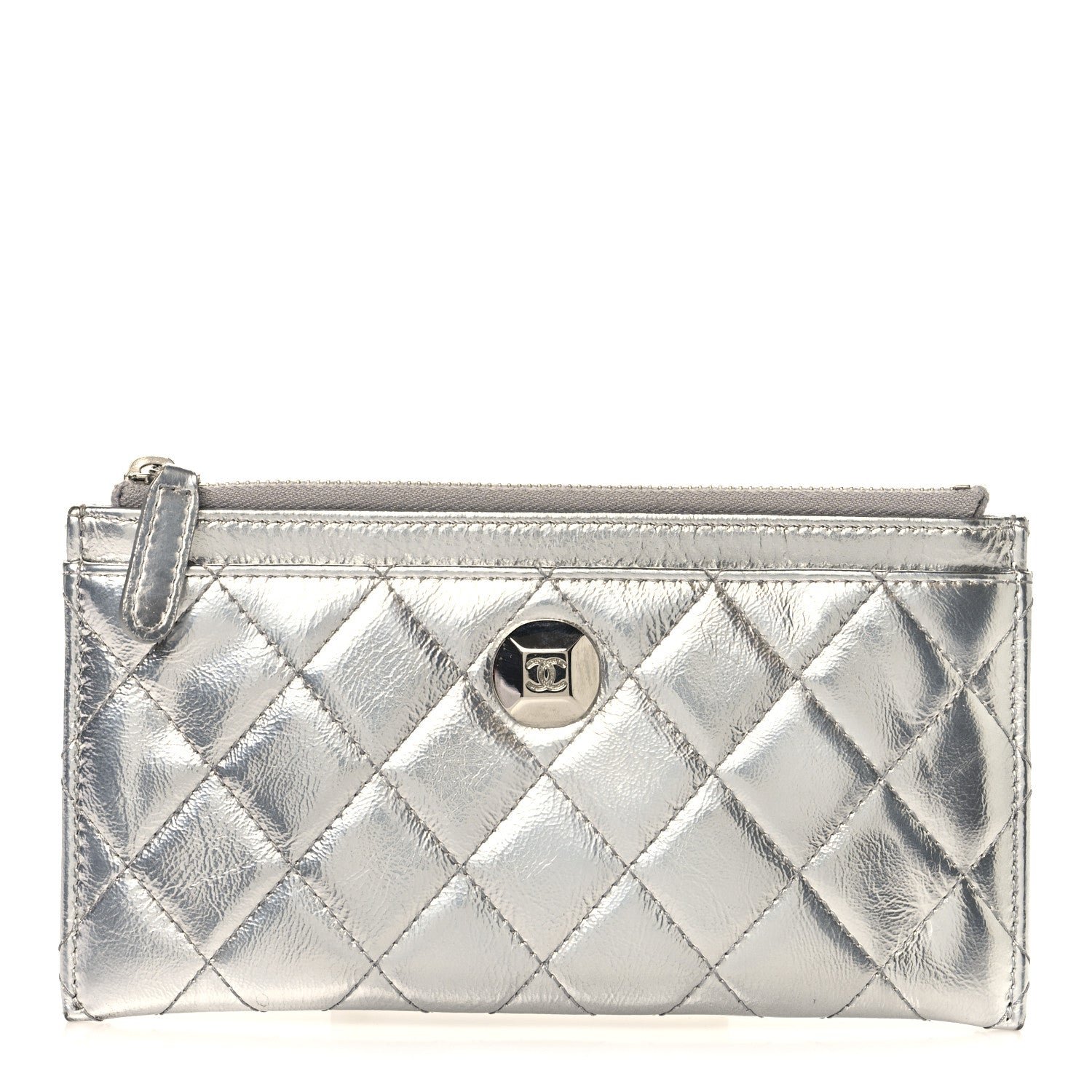 Chanel Metallic Calfskin Quilted Zip Pouch Silver