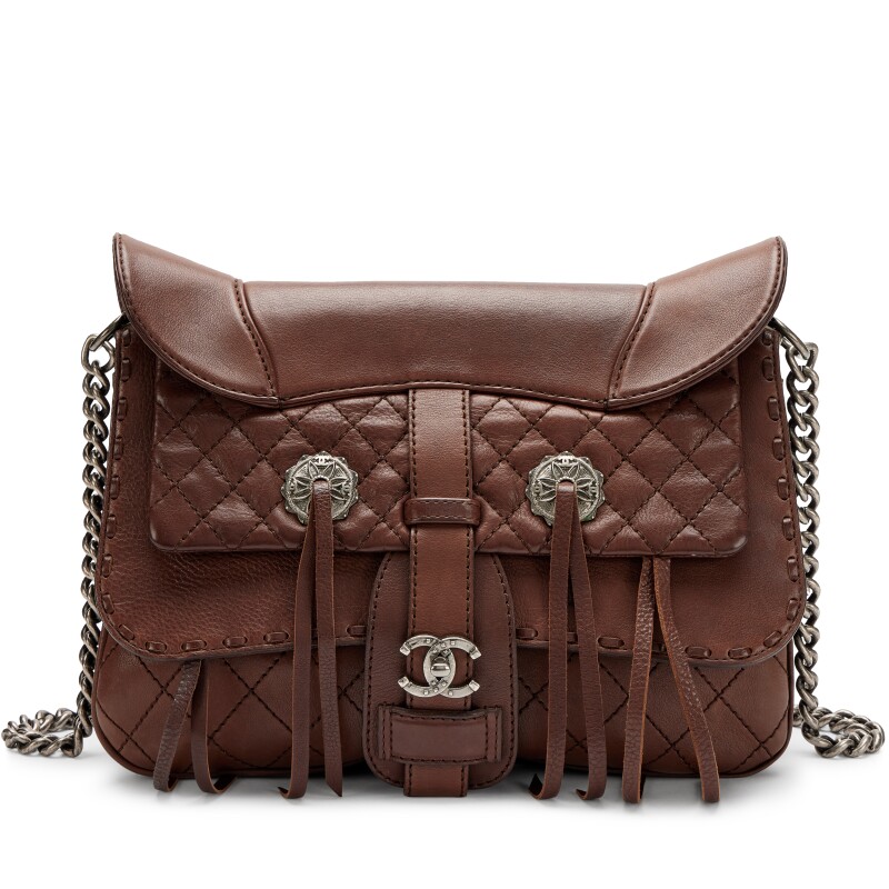 Brown Quilted Calfskin Paris-Dallas Fringe Saddle Messenger Bag Ruthenium Hardware, 2014