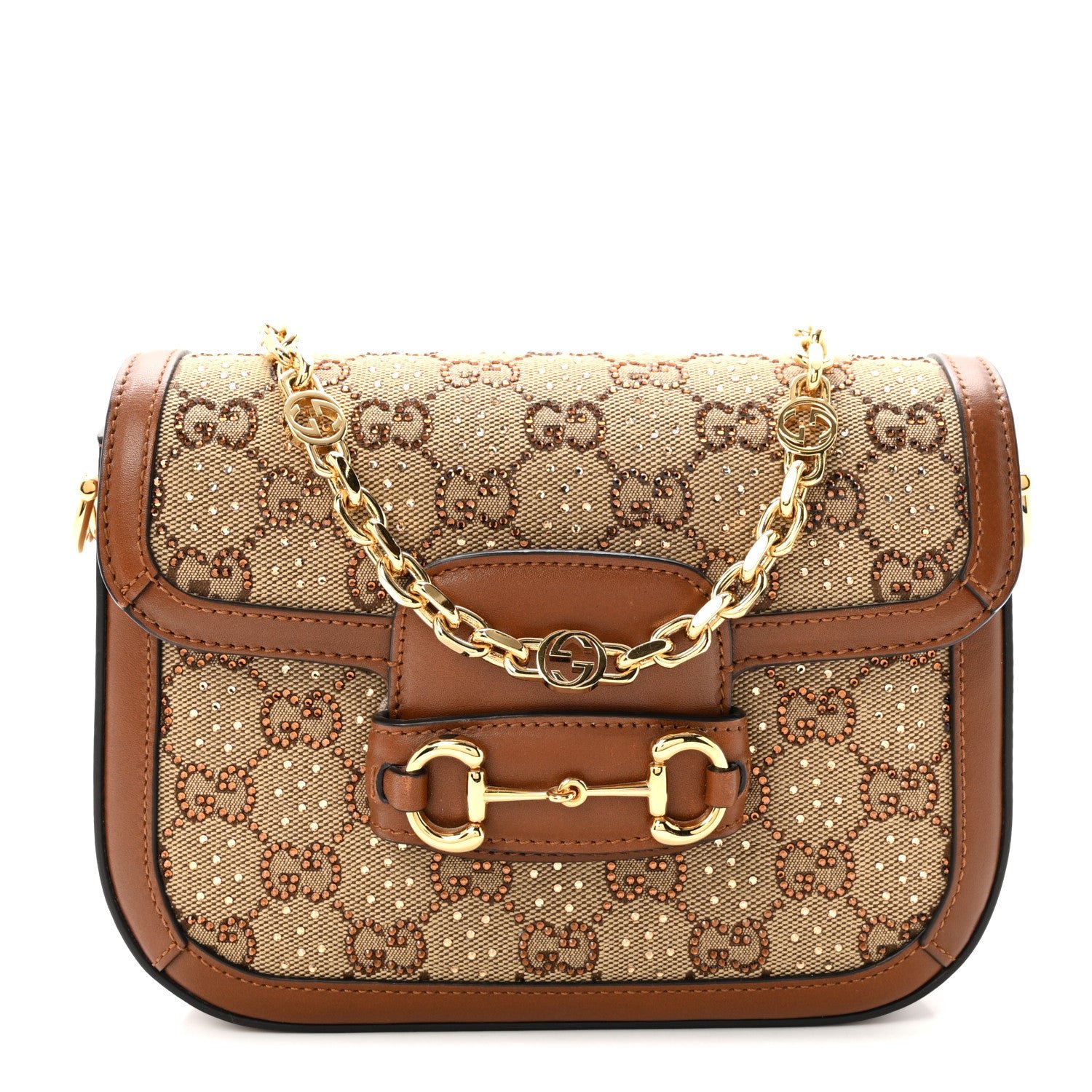 Gucci New Canvas Charisma Calfskin Crystal GG Monogram Mini Horsebit 1955 Shoulder Bag Camel Ebony