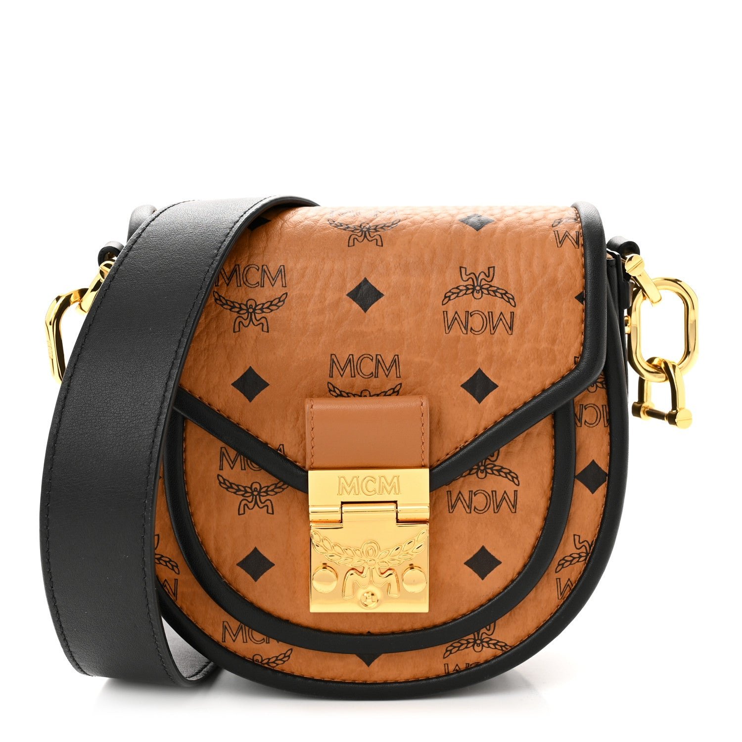 MCM Visetos Mini Patricia Round Crossbody Wallet Cognac Black