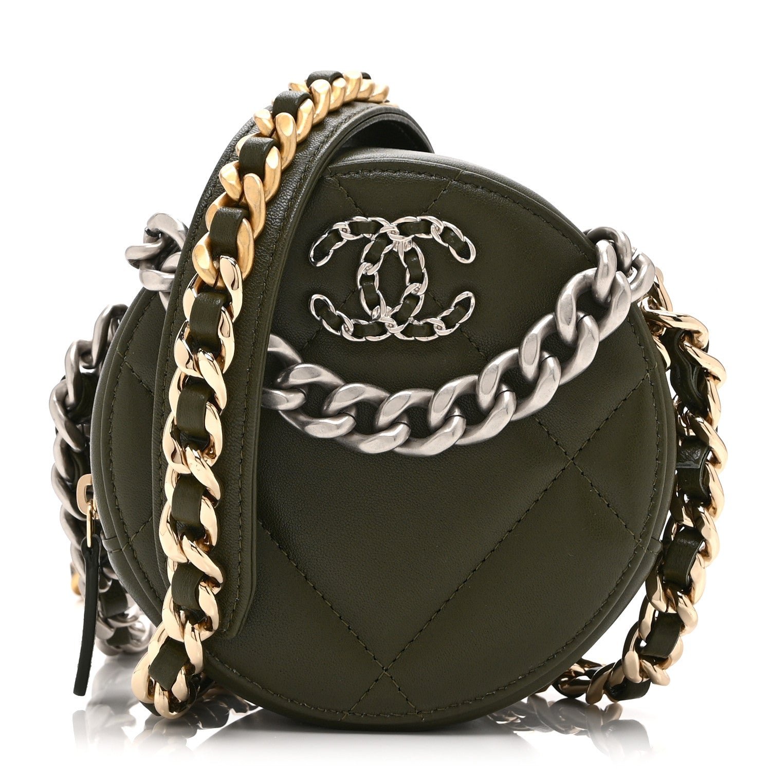 Chanel Lambskin Quilted Chanel 19 Round Clutch With Chain Green