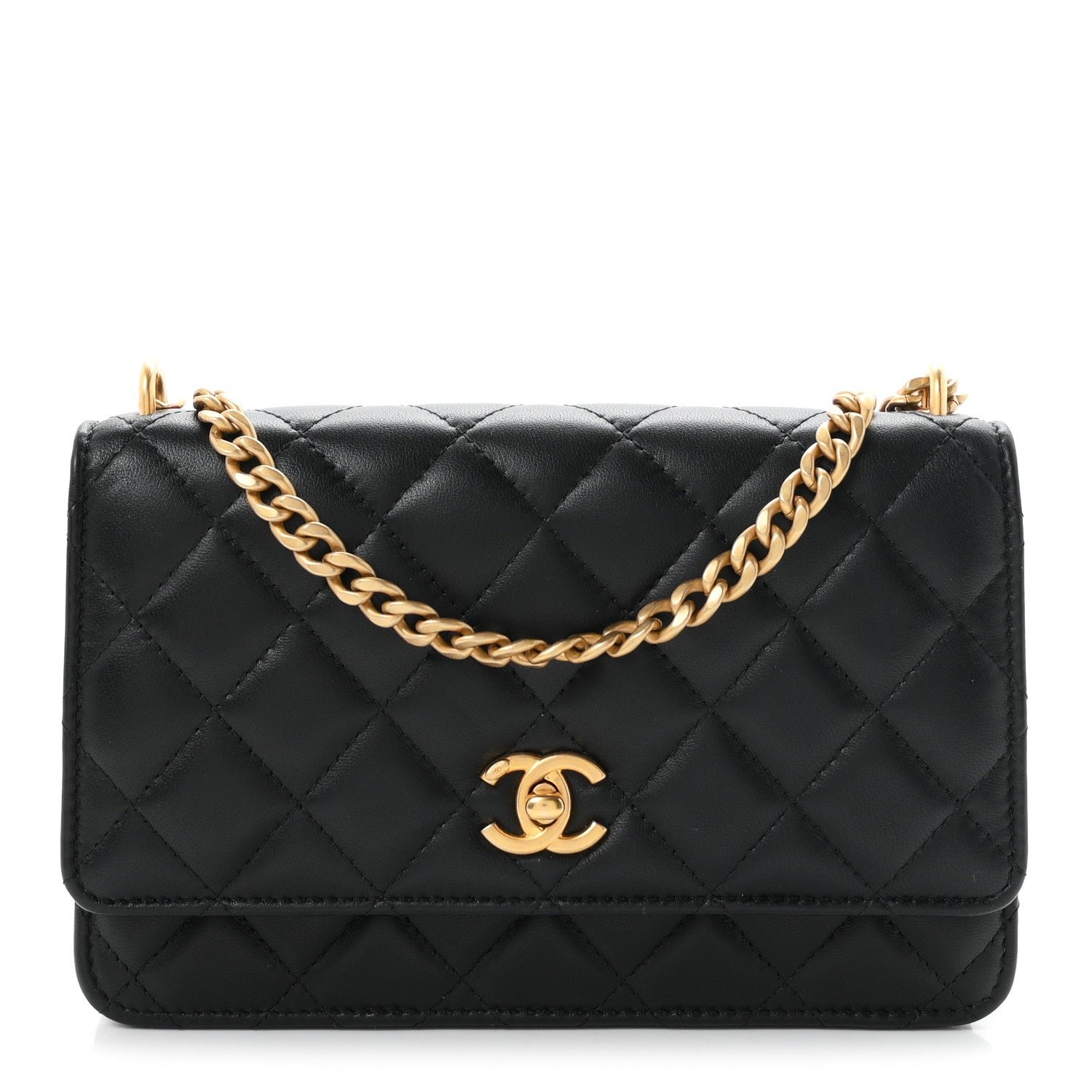 Chanel Lambskin Quilted Sweet Camellia Wallet on Chain WOC Black