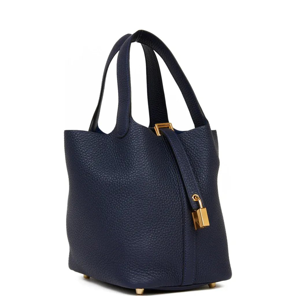 Hermes Hermes Picotin 18 Lock PM Bag, Blue Nuit Clemence Leather and Gold Hardware, Preowned, KJRB088