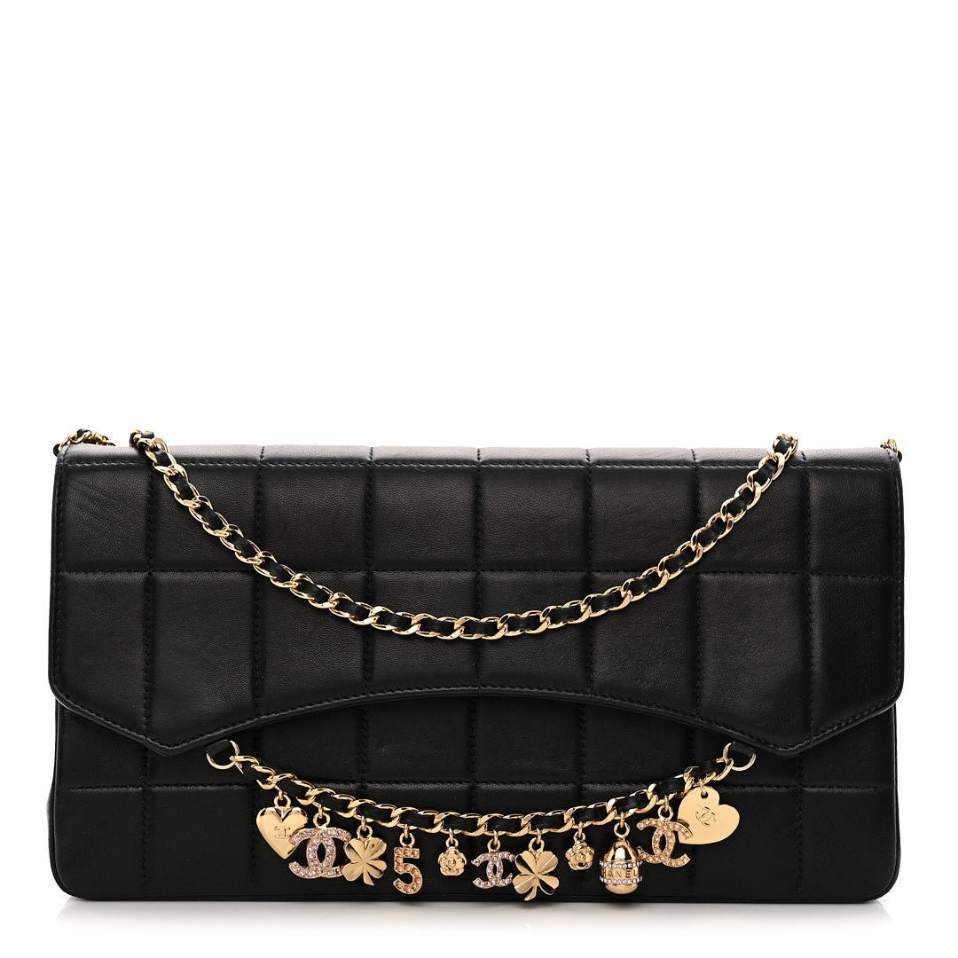 Chanel Lambskin Quilted Crystal Chocolate Bar Charm Flap Black