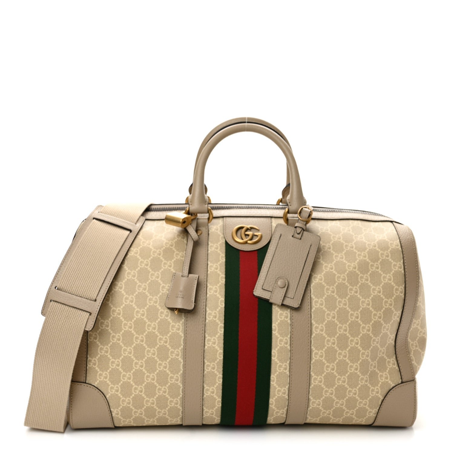 Gucci GG Supreme Monogram Textured Dollar Calfskin Web Medium Savoy Duffle Bag Beige Mystic White Oatmeal