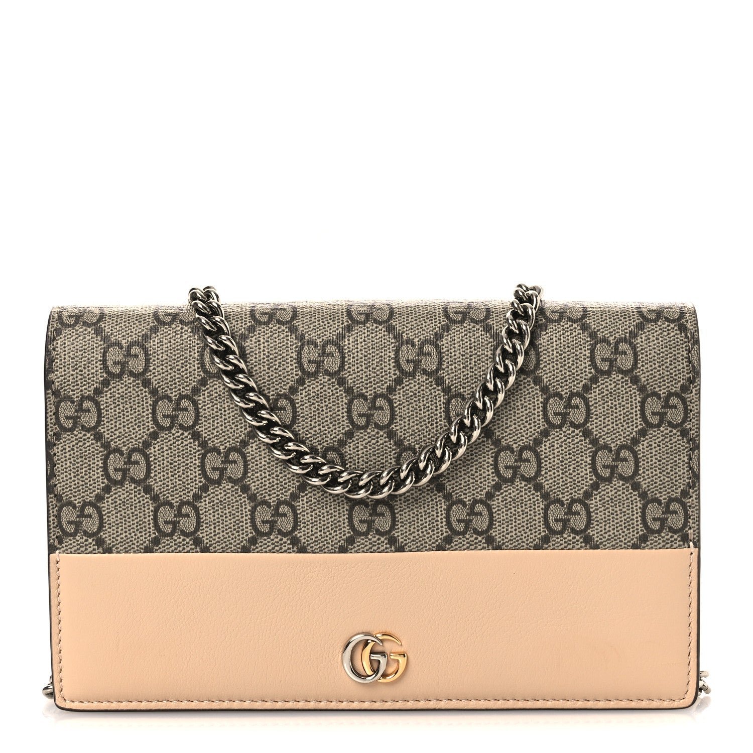 Gucci GG Supreme Monogram Textured Dollar Calfskin Mini GG Marmont Chain Wallet Souffle Rose