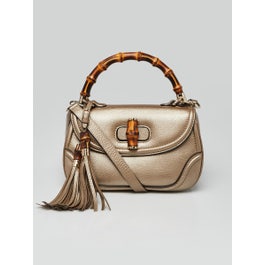 Gucci Pewter Pebbled Leather New Bamboo Medium Top Handle Bag