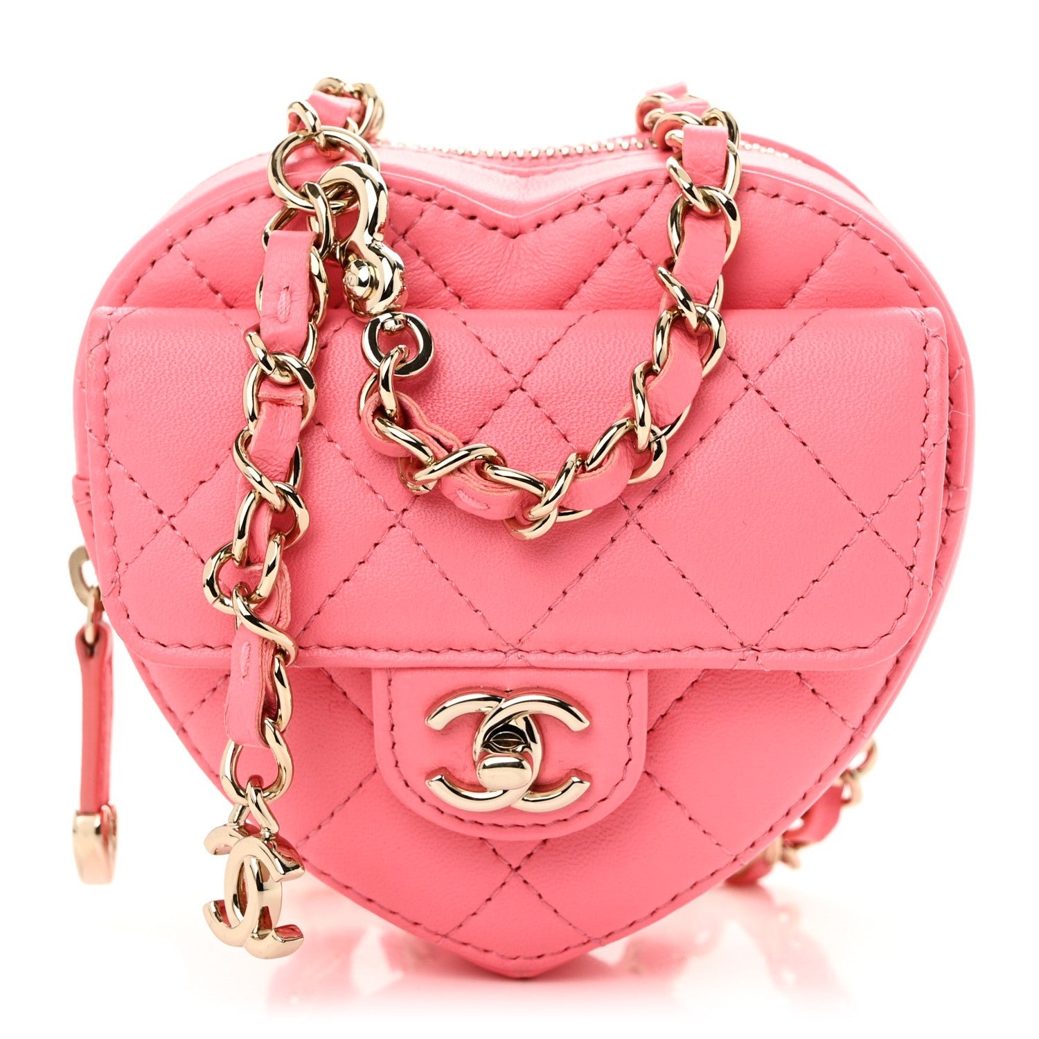 Chanel Lambskin Quilted CC In Love Heart Clutch With Chain Pink