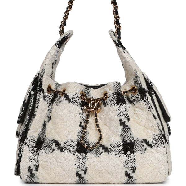 Chanel Small 25 Hobo Bag White, Black Tweed Gold Hardware