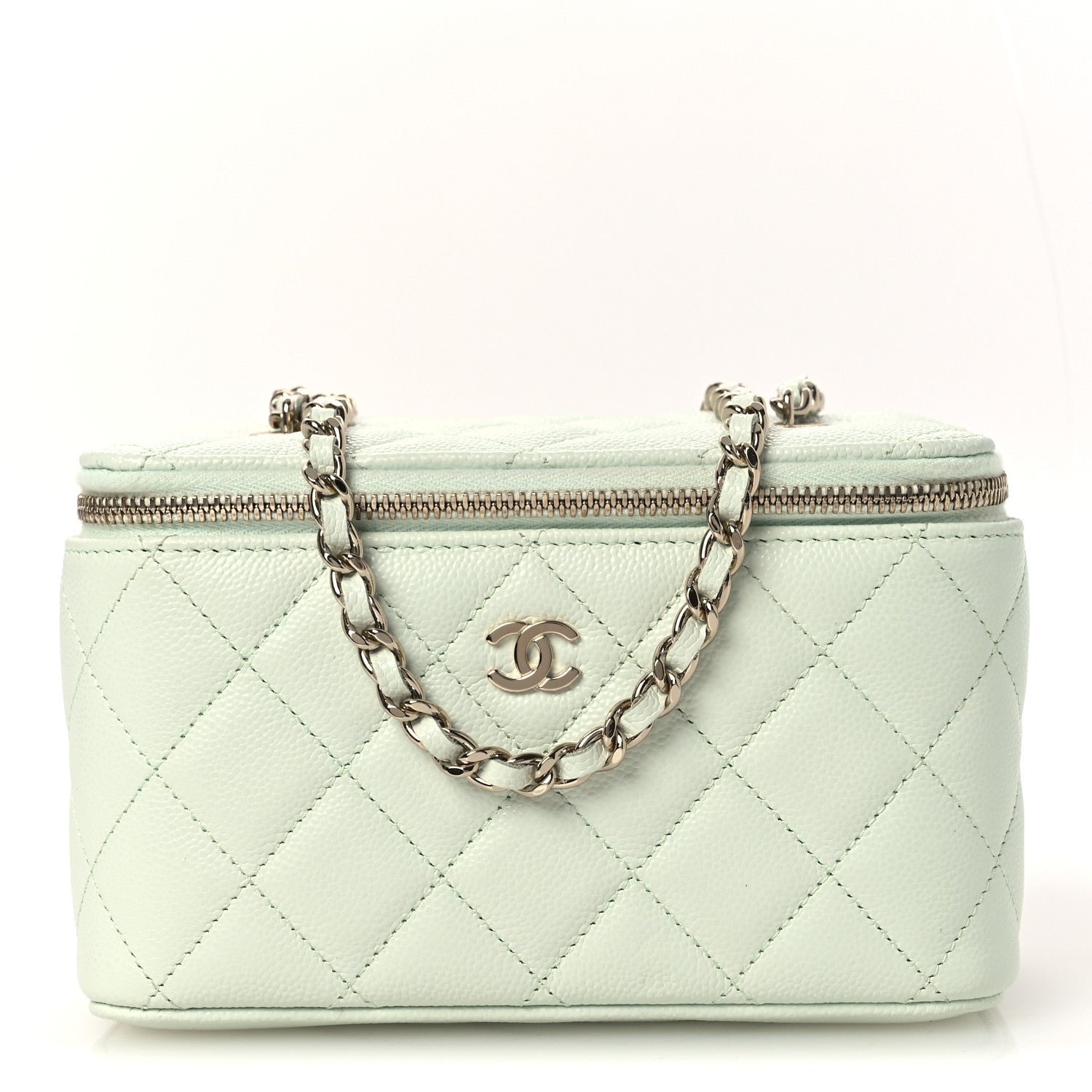 Chanel Caviar Quilted Small Tiny CC Vanity Case With Chain Light Green