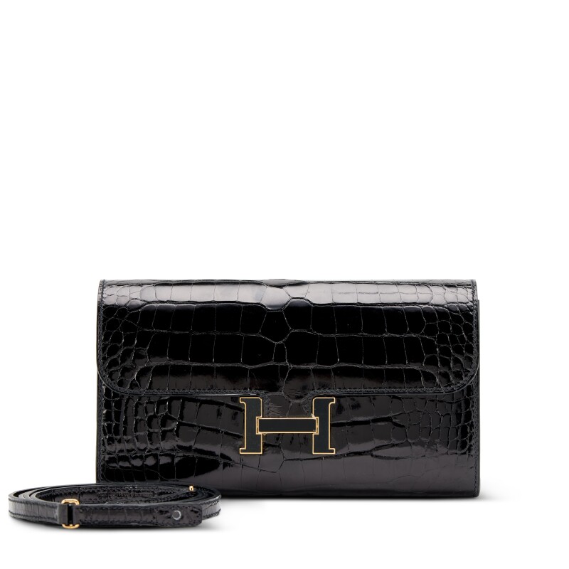 Black Shiny Alligator Constance-To-Go Wallet Black and Gold Enamel Hardware, 2022