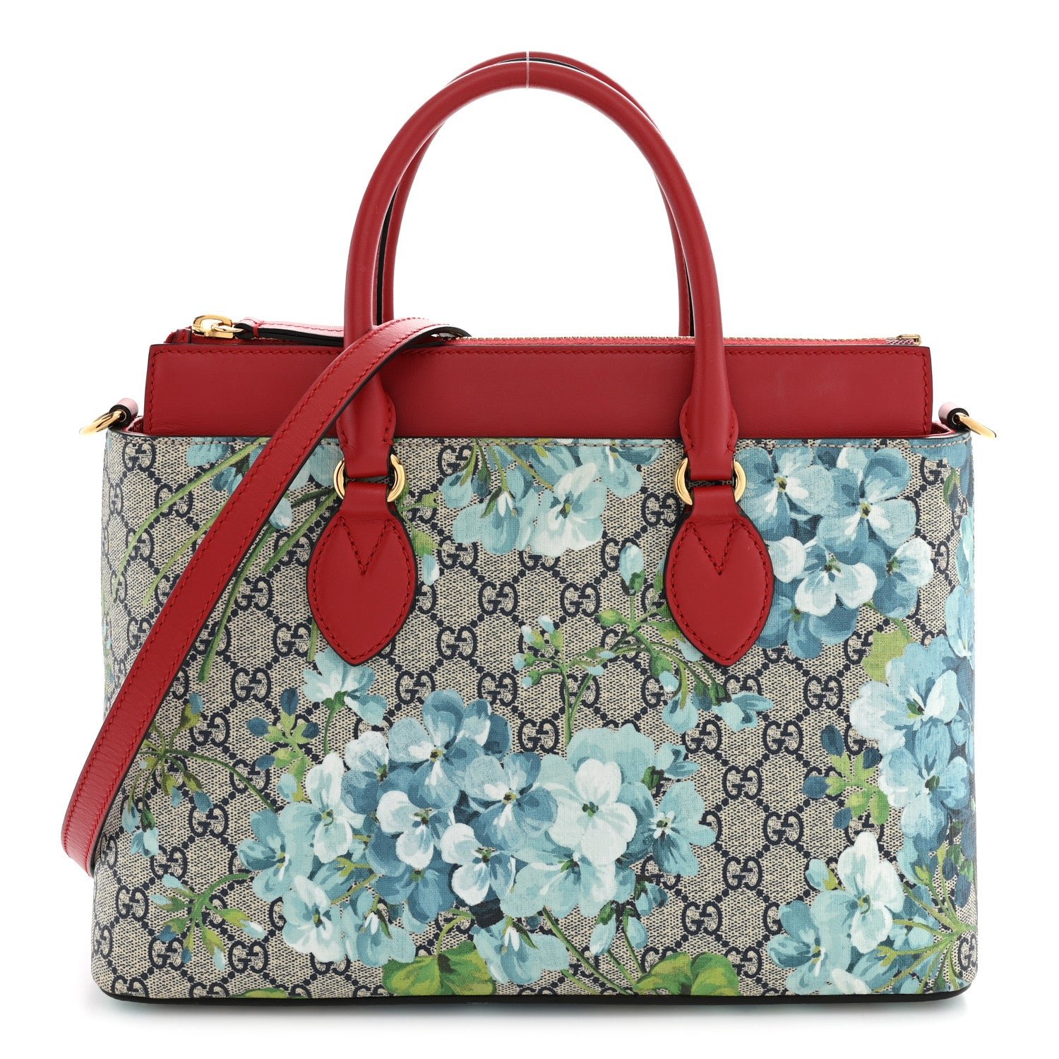 Gucci GG Supreme Monogram Blooms Small Zip Top Tote Beige Blue Navy Hibiscus Red
