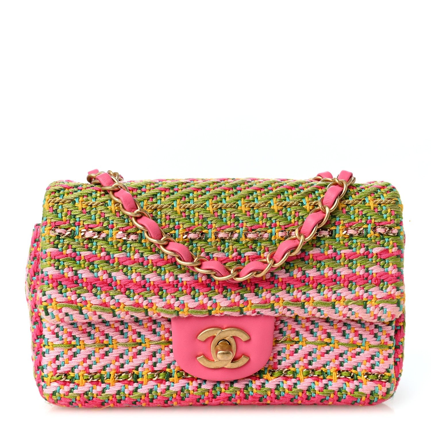 Chanel Cotton Mixed Fibers Woven Mini Rectangular Flap Pink Green