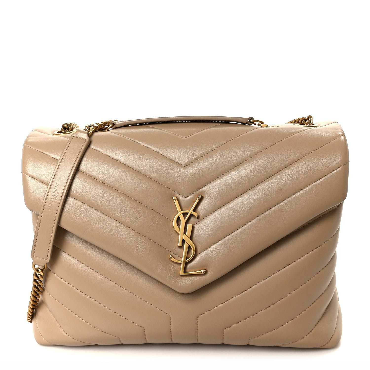 Saint Laurent Calfskin Y Quilted Monogram Medium Loulou Chain Satchel Dark Beige