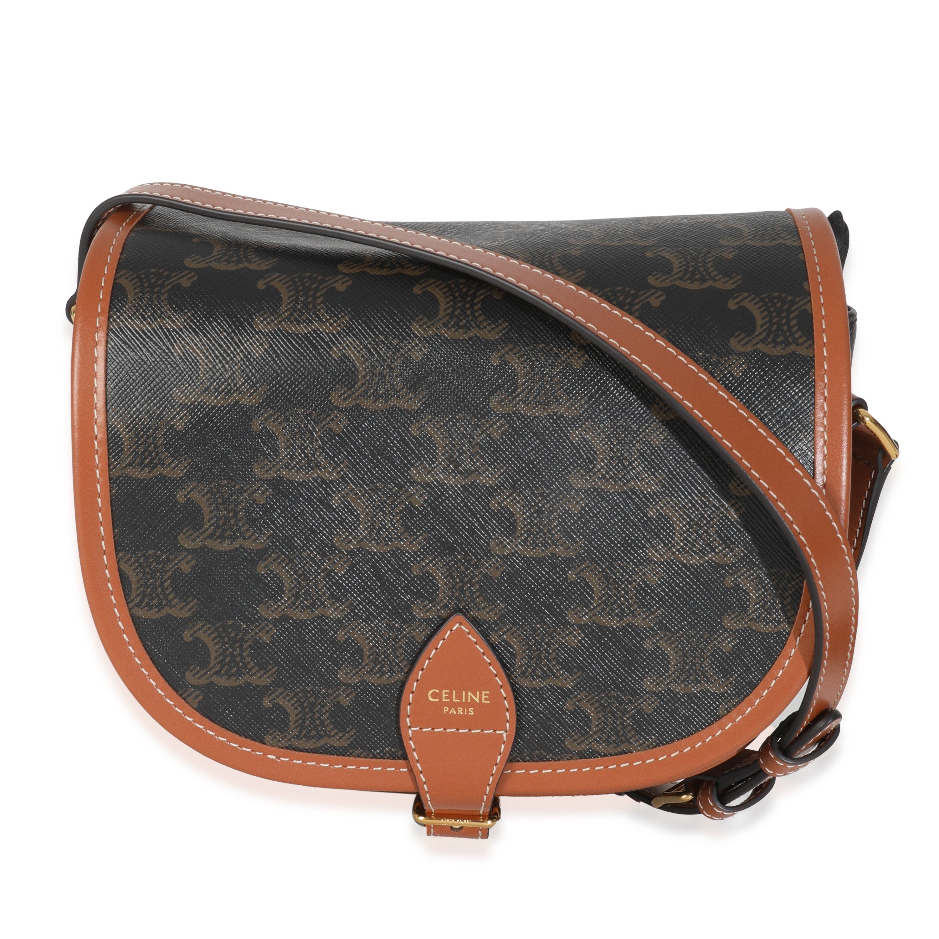 Celine Tan Calfskin Brown Triomphe Canvas Medium Folco Crossbody