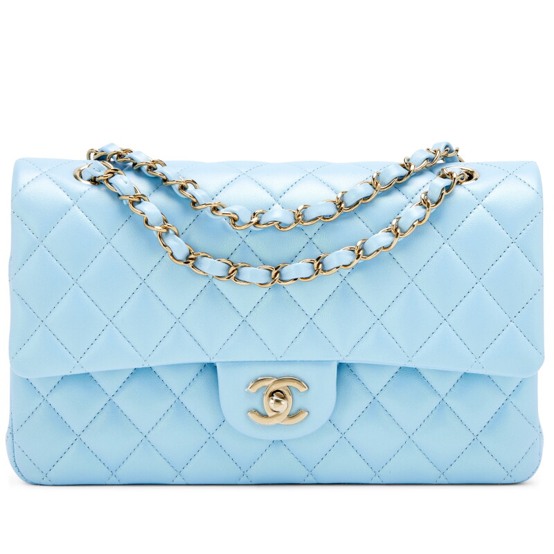 Blue Iridescent Quilted Calfskin Medium Classic Double Flap Bag Silver Hardware, 2021