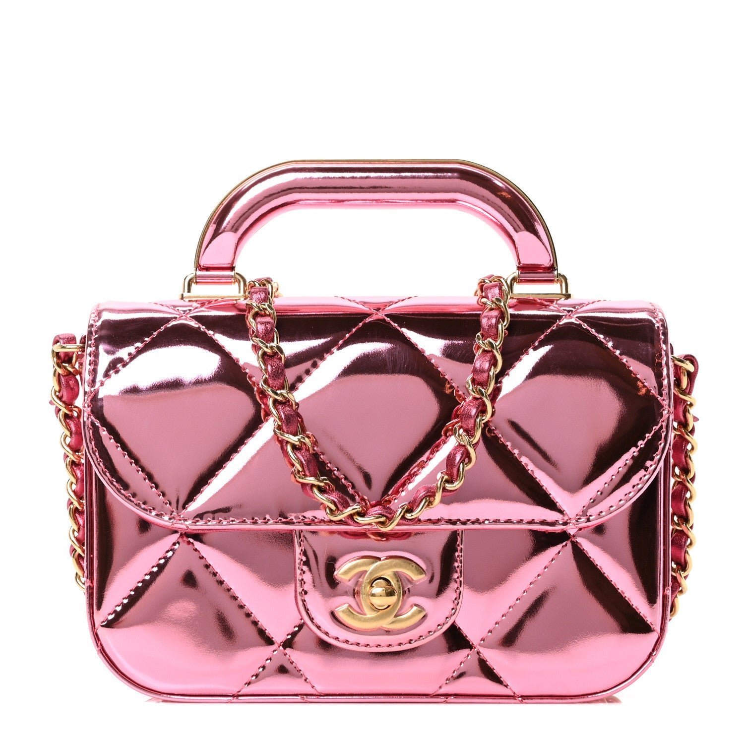 Chanel Mirror Metallic Calfskin Quilted Mini Top Handle Flap Pink
