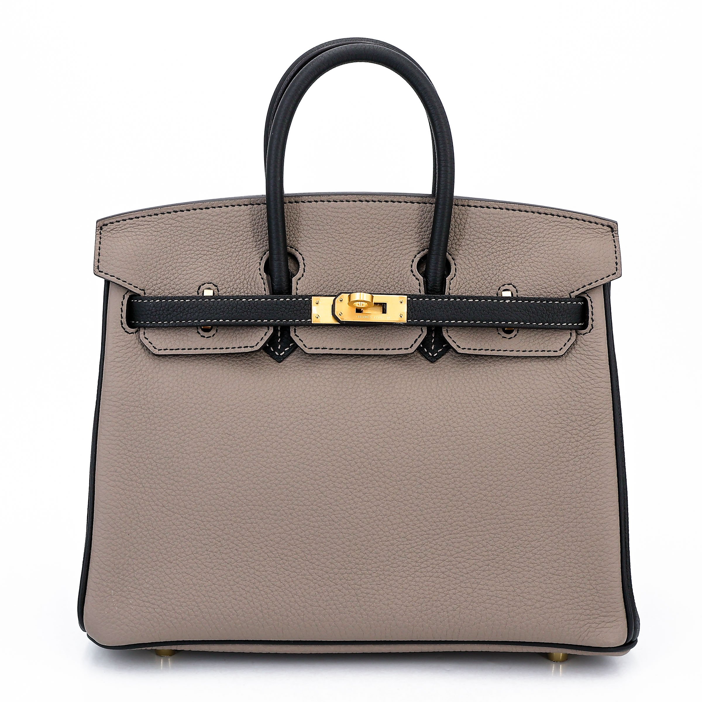 Hermes Excellent ( Rank SA ) HERMÈS Special Order Birkin 25 HSS Etain (8F) Noir (89) Togo Brushed Gold hardware D (2019)