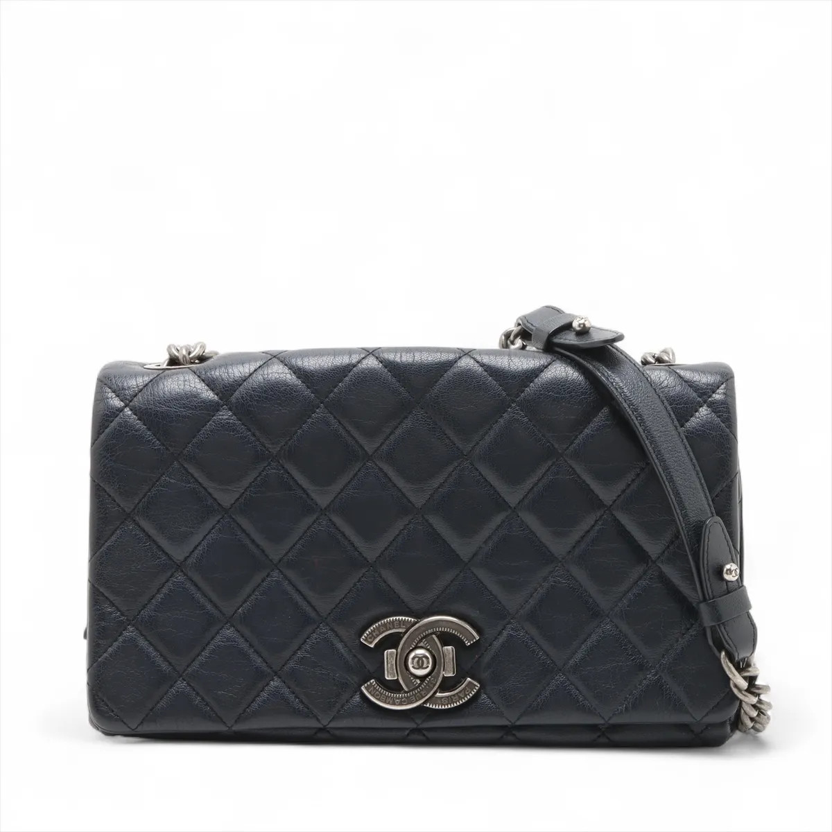 Chanel Matelasse Vintage calf Single Flap Single Chain Bag Navy Blue Gunmetal Fi