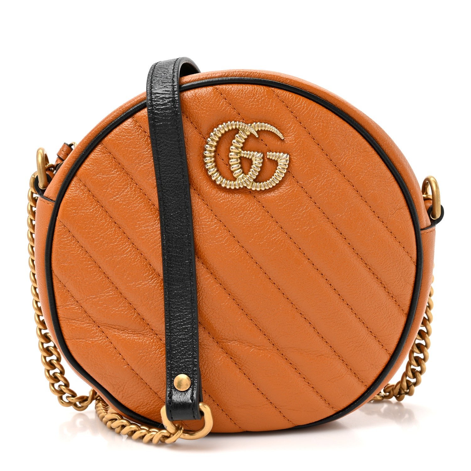 Gucci Azalea Calfskin Matelasse Diagonal Mini Torchon GG Marmont Round Shoulder Bag Cognac Black