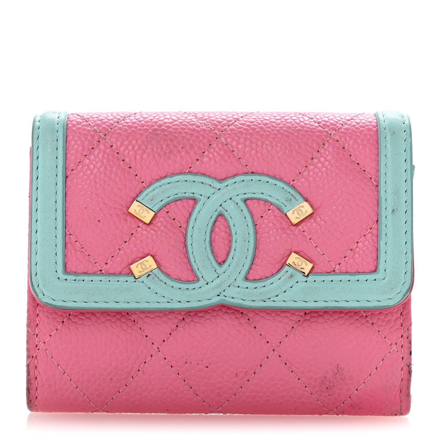 Chanel Caviar Quilted Filigree Flap Card Holder Pink Blue Green