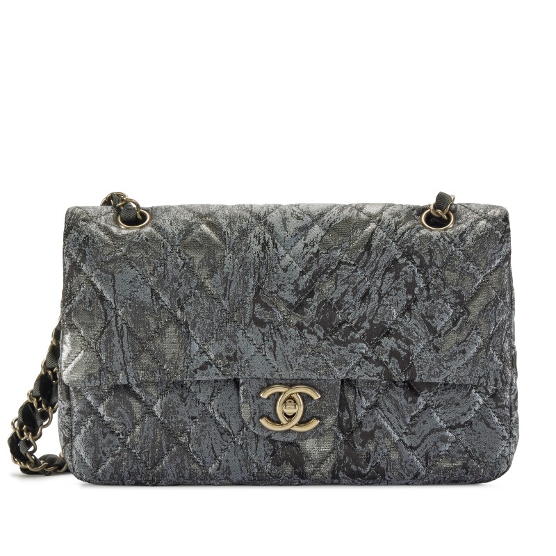 Metallic Dark Grey Quilted Brocade Medium Double Flap Bag Aged Hardware, 2010