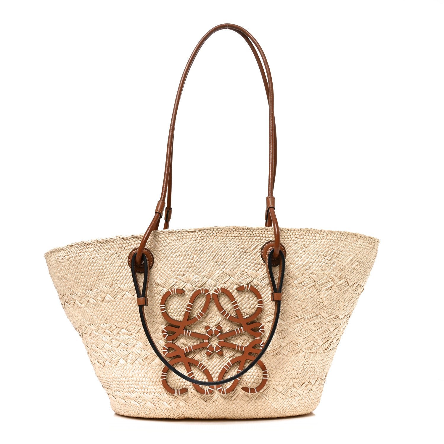 Loewe Calfskin Raffia Paulas Ibiza Medium Anagram Basket Tote Bag Natural Tan