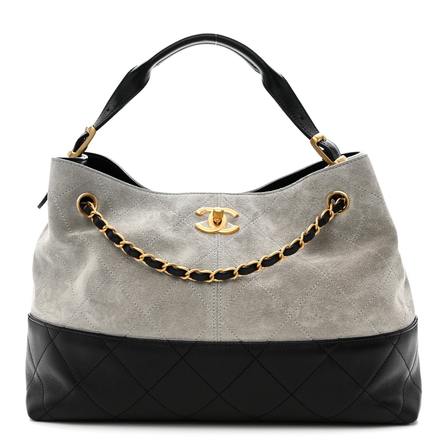 Chanel Suede Calfskin Shiny Lambskin Quilted Small Coco Base Shopping Bag Grey Black