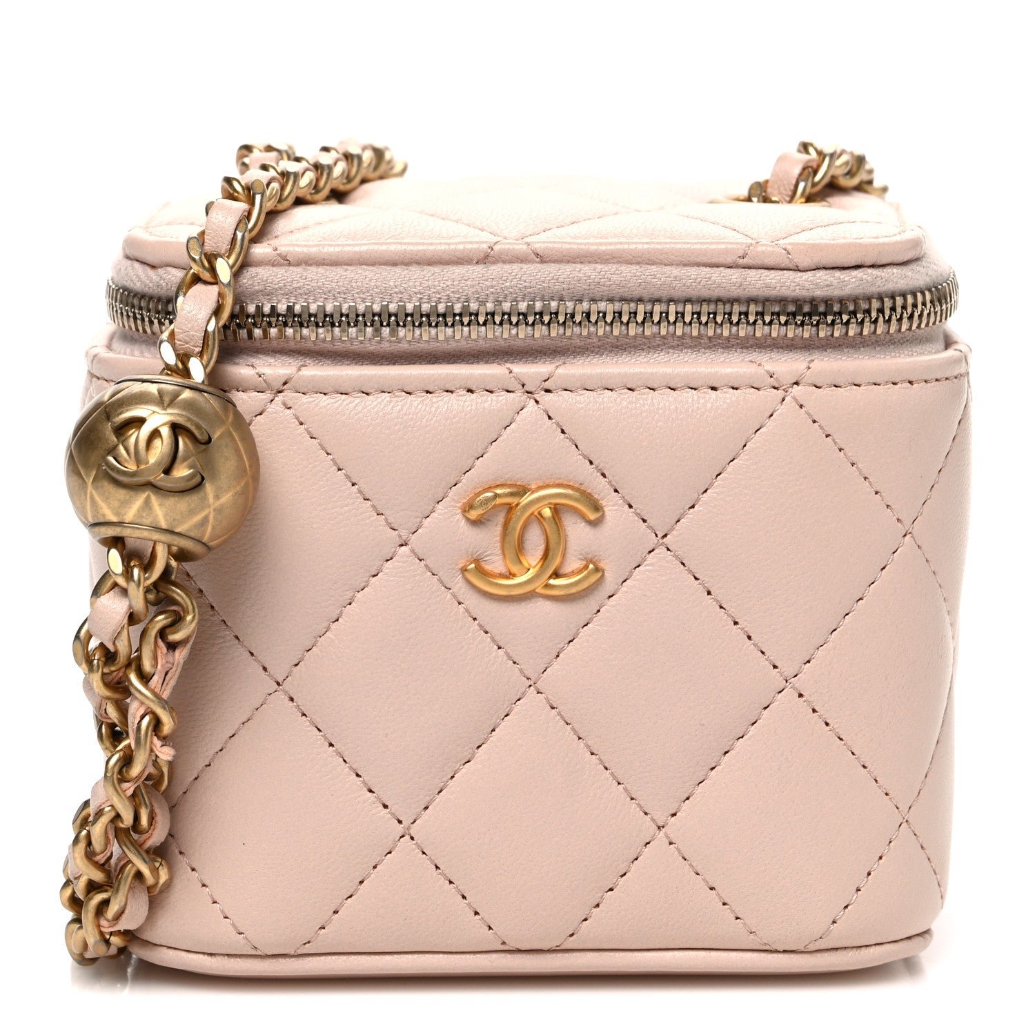 Chanel Lambskin Quilted Pearl Crush Mini Vanity Case With Chain Light Beige