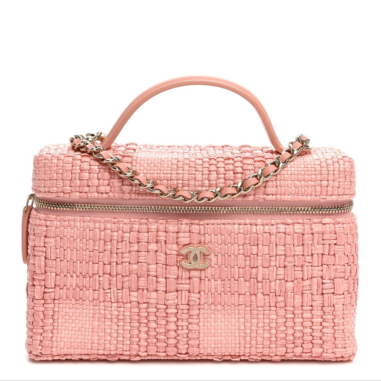 Chanel Braided Raffia Quilted Top Handle Slim Vanity Case With Chain Light Pink